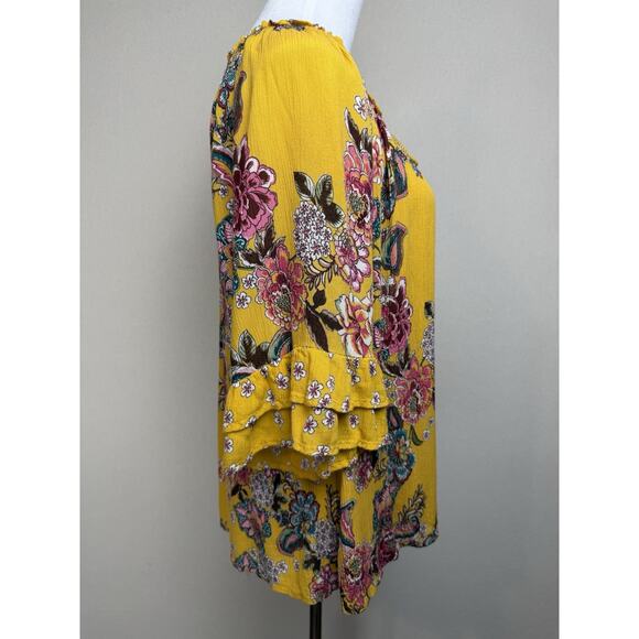 Bila Yellow Floral Blouse Top 3/4 Sleeves Sz M Ruffle Sleeves Tassel Tie - Picture 4 of 12